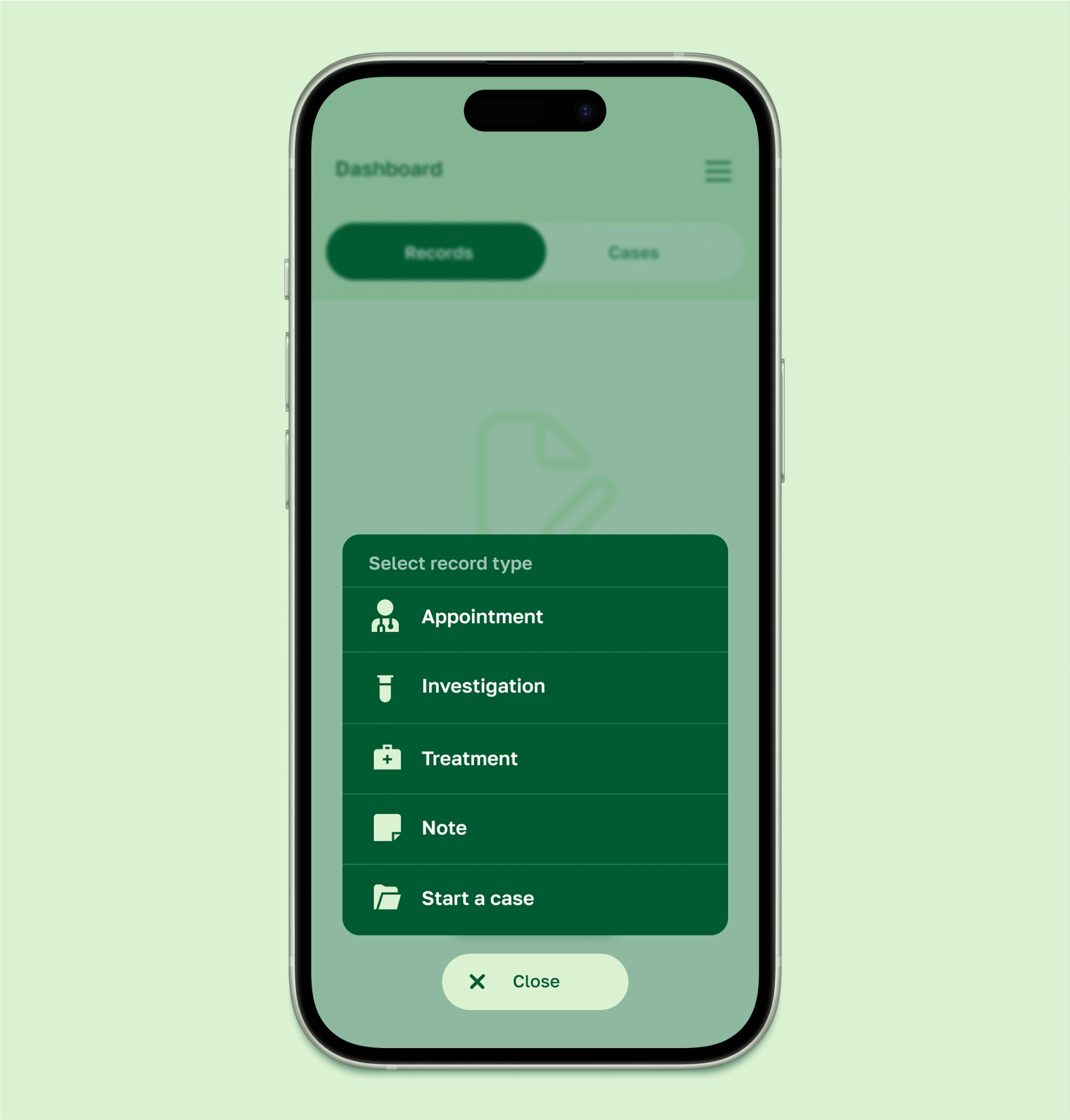 selection of a record category mHealth mobile app overlay for mHealth mobile app